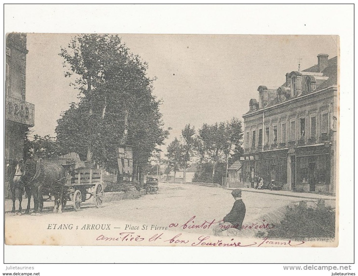 étang Sur Arroux Place Saint Pierre Avec Attelage Cpa Bon Etat - Autres & Non Classés