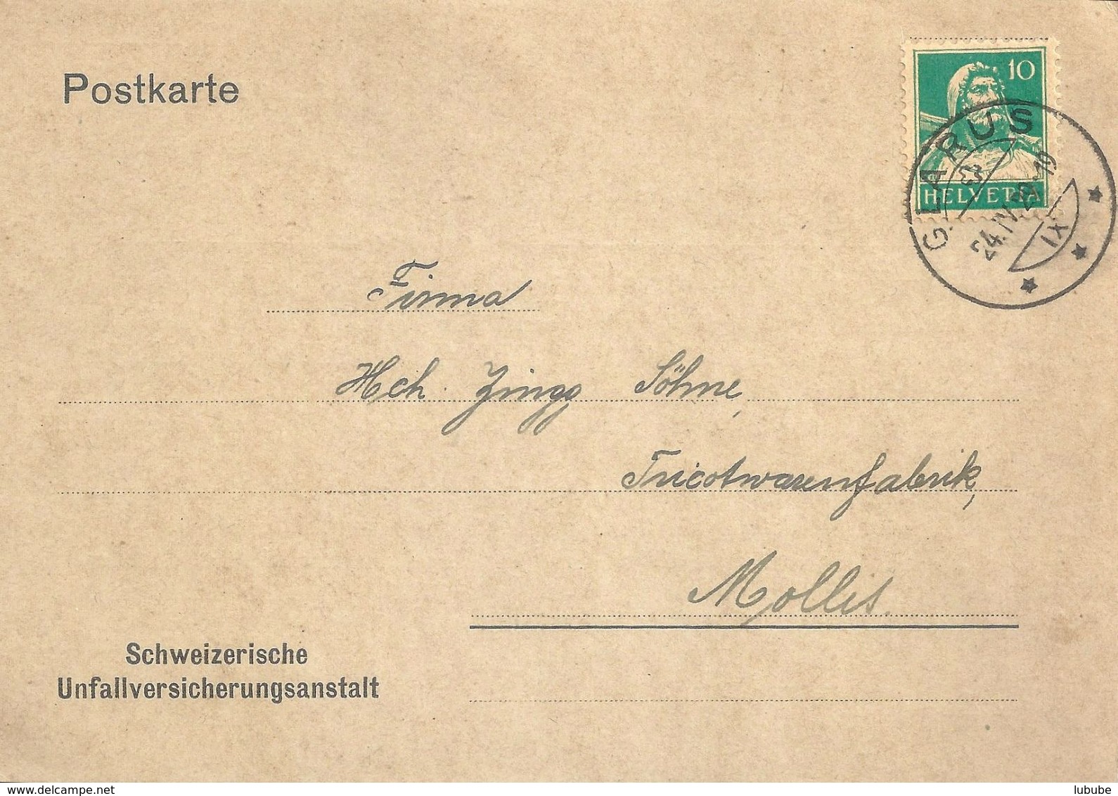 Motiv Karte  "Schweiz. Unfallversicherungsanstalt"  Glarus - Mollis             1929 - Storia Postale