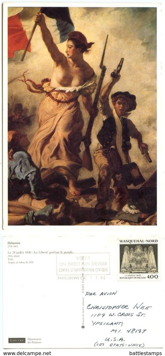 France 1992 Postcard Art Paining By Delacroix, Paris To U.S., Scott 2252 - Peintures & Tableaux