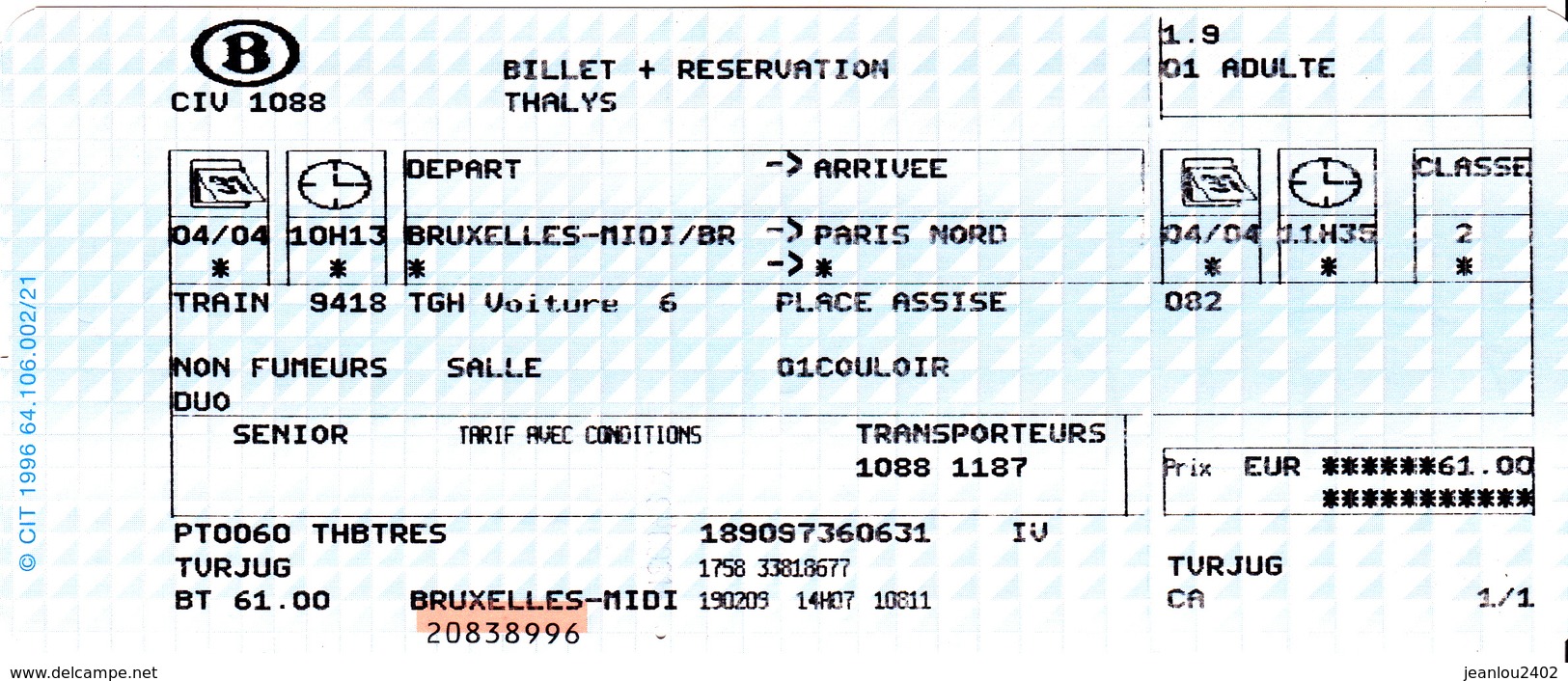 TICKET THALIS SNCB  BRUXELLES MIDI - PARIS NORD - Europe