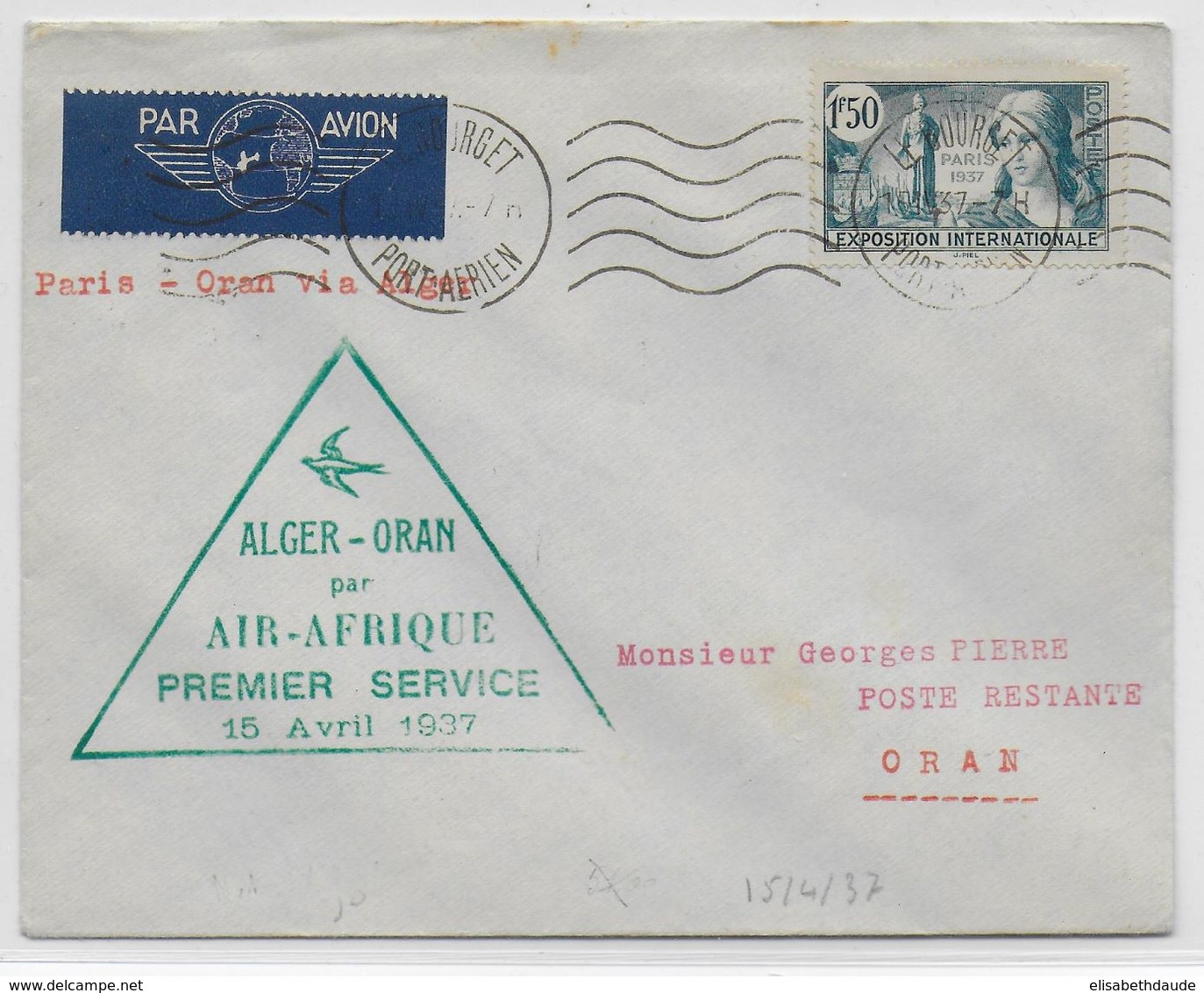 1937 - ENVELOPPE Par AVION "1° SERVICE Par AIR AFRIQUE" ALGER => ORAN - 1960-.... Covers & Documents