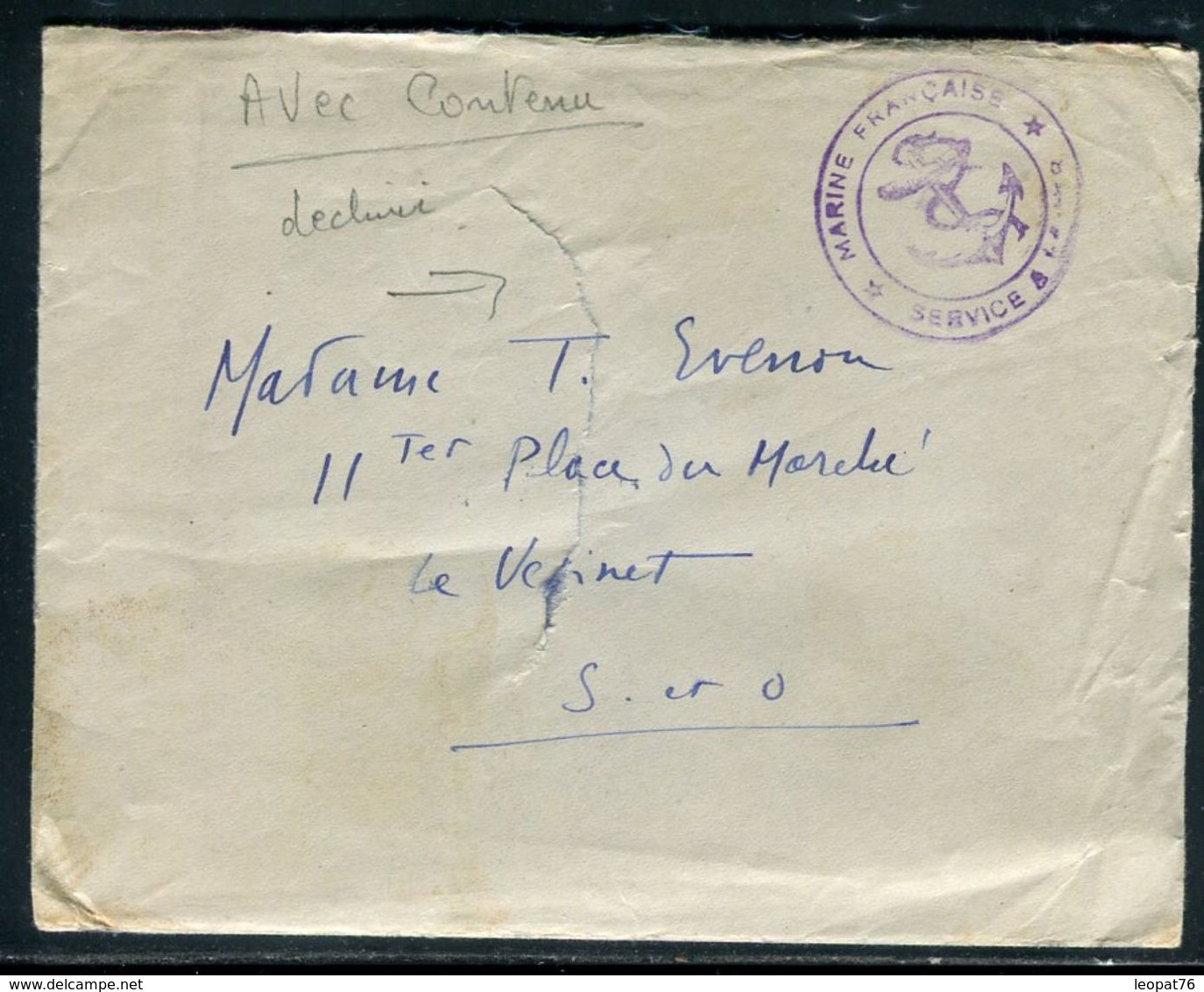 Enveloppe En FM ( Avec Contenu ) Pour Le Vesinet En 1939 , Cachet Ancre De Marine - Ref F217 - Poste Navale