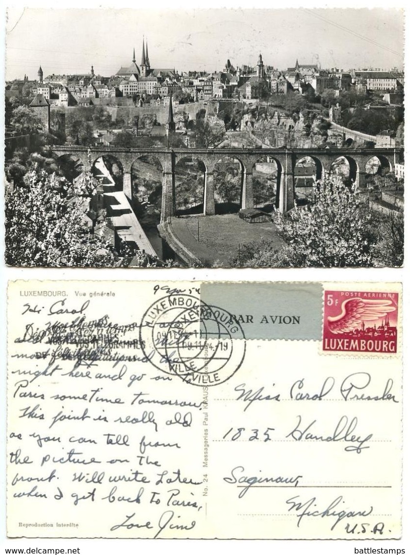 Luxembourg 1954 RPPC General View, To U.S., Scott C11 Air Post - Luxemburg - Town