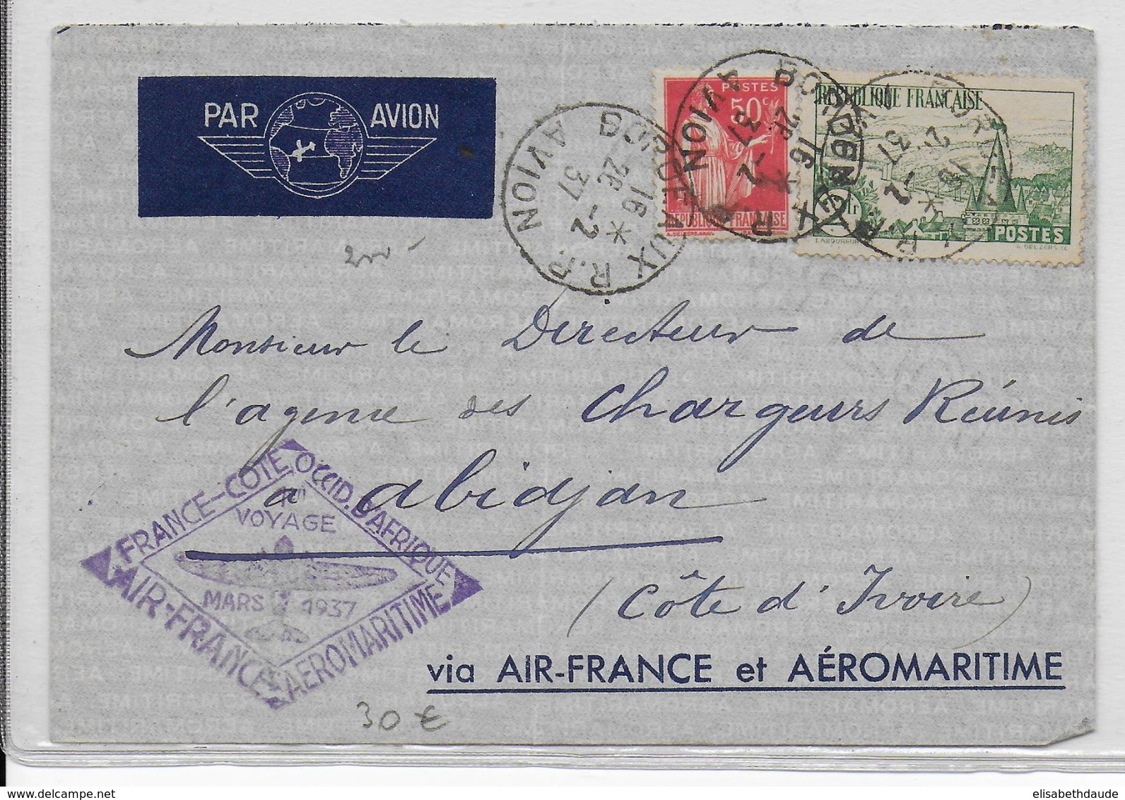 1937 - ENVELOPPE Par AVION "1° VOL FRANCE => COTE OCCIDENTALE D'AFRIQUE Par AIR FRANCE AEROMARITIME" => COTE D'IVOIRE - First Flight Covers