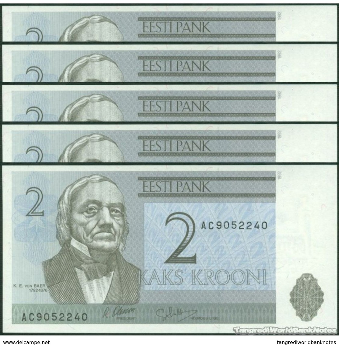 TWN - ESTONIA 70a - 2 Krooni 1992 DEALERS LOT X 5 - Prefix AC UNC - Estonia