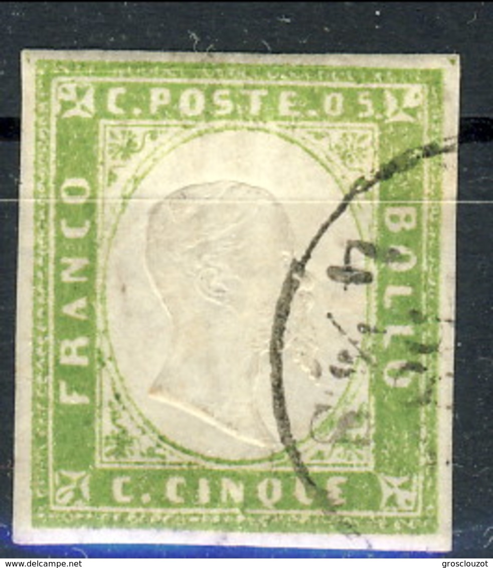 Sardegna 1858  SA N. 13Ag C. 5 Verde Giallo Olivastro Usato Cat. € 900 Firmato A. Diena E G. Biondi - Sardegna