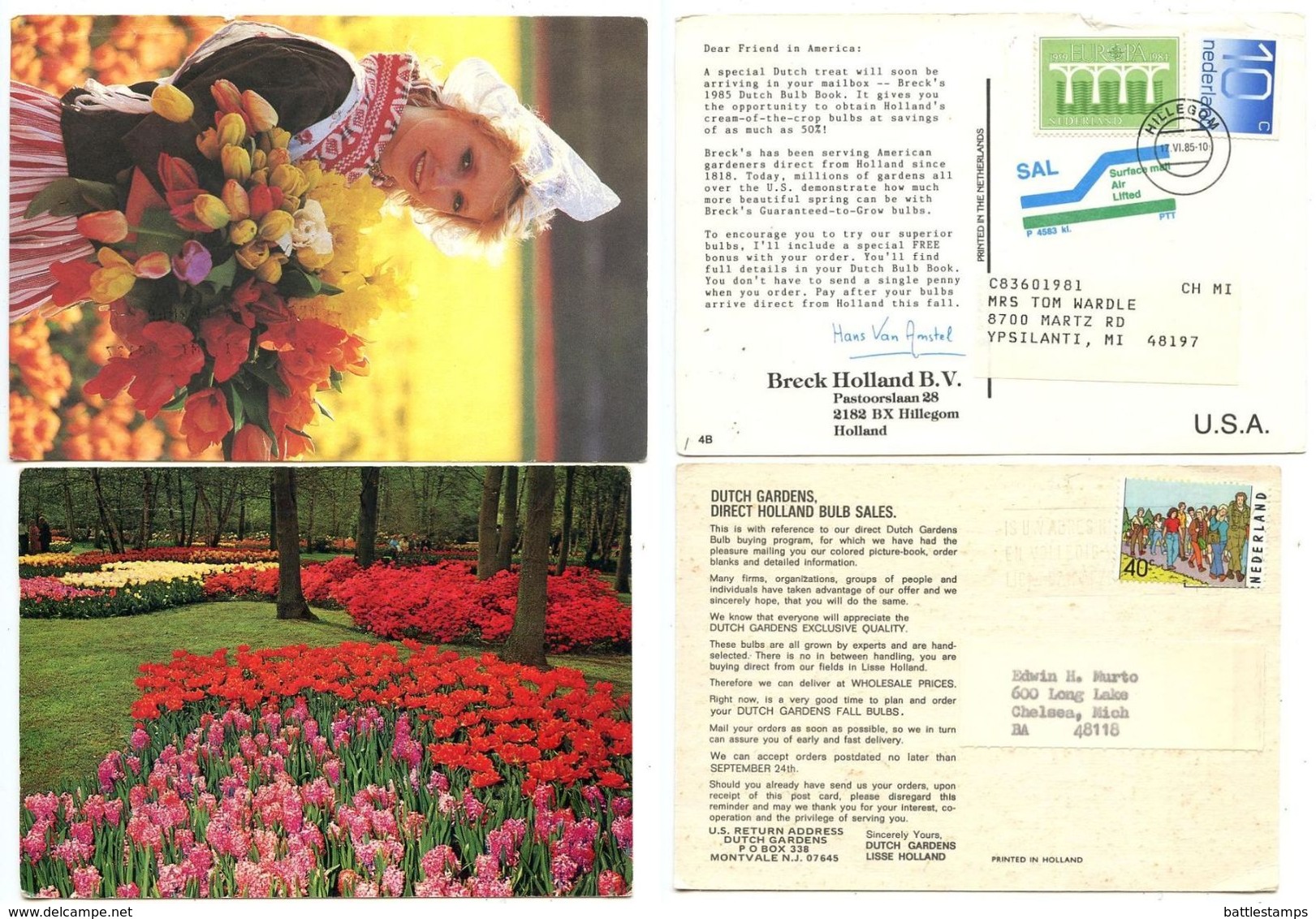 Netherlands 1980‘s 2 Advert Postcards For Tulips, Scott 658a Europa Coil On One Card - Cartas & Documentos