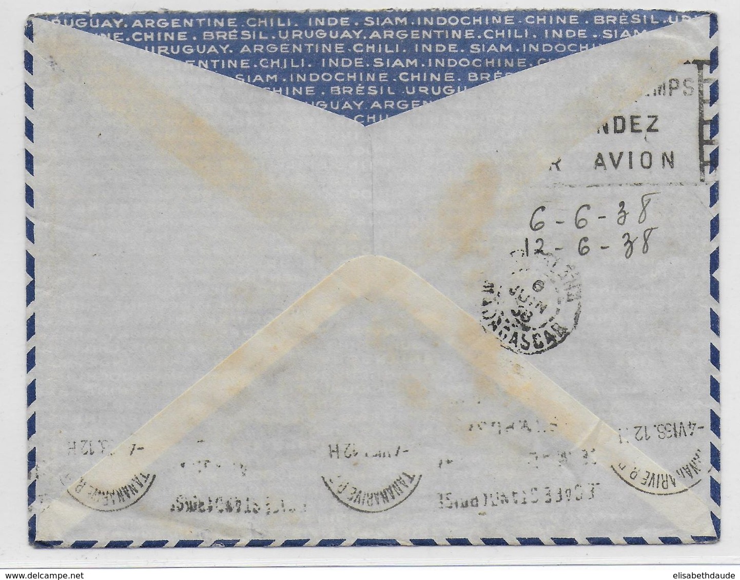 1938 - ENVELOPPE Par AVION De PARIS => ANTALAHA (MADAGASCAR) - - Lettres & Documents