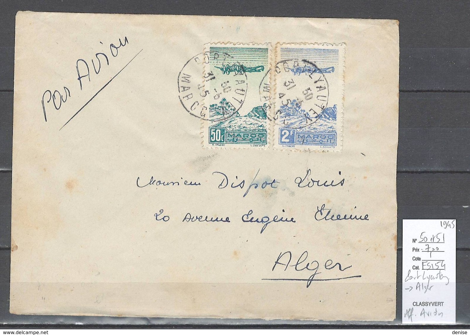 Maroc - Lettre De Port Lyautey - Affranchissement Avion -1945 - Briefe U. Dokumente