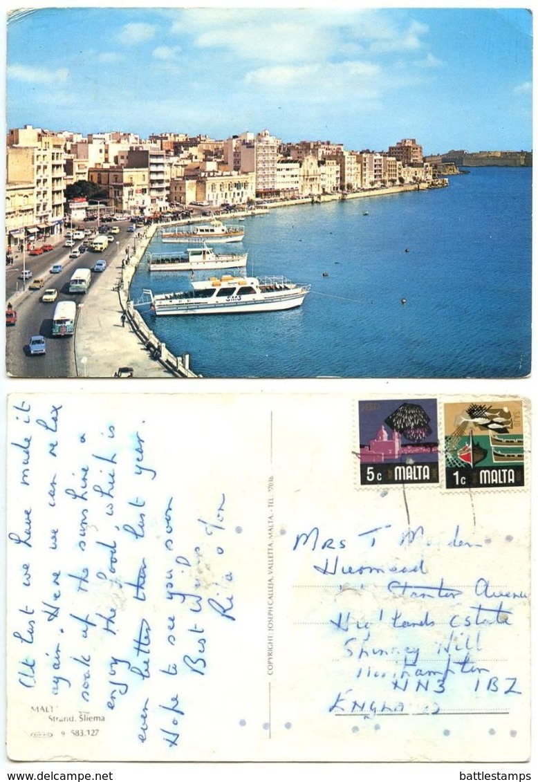 Malta 1960‘s Postcard Sliema - The Strand, To England, Scott 458 & 463 - Malta