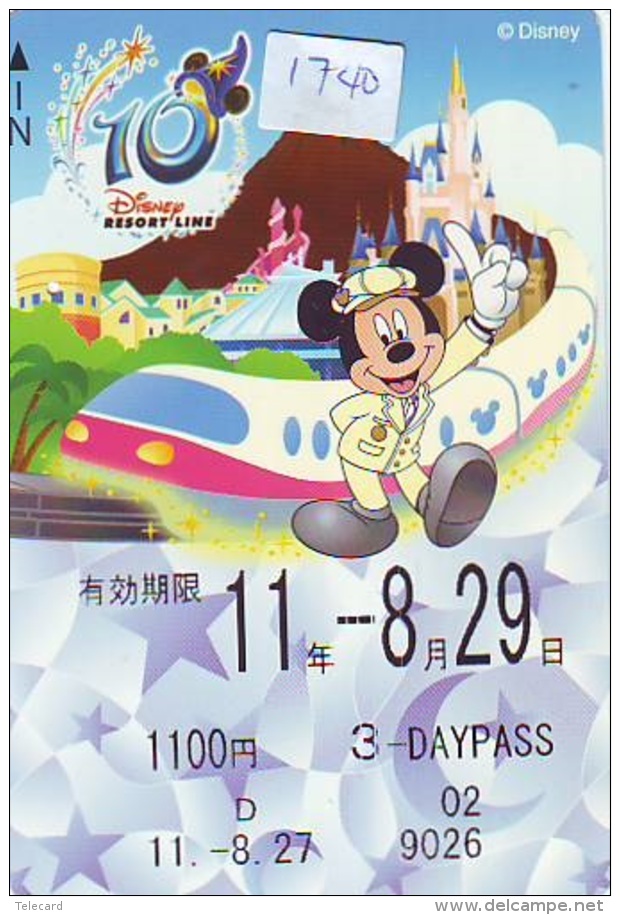 Carte Prépayée Japon * DISNEY * RESORT LINE  (1740) MICKEY * TRAIN  1100 YEN  * ADULT * 3 DAYPASS * JAPAN PREPAID CARD - Disney