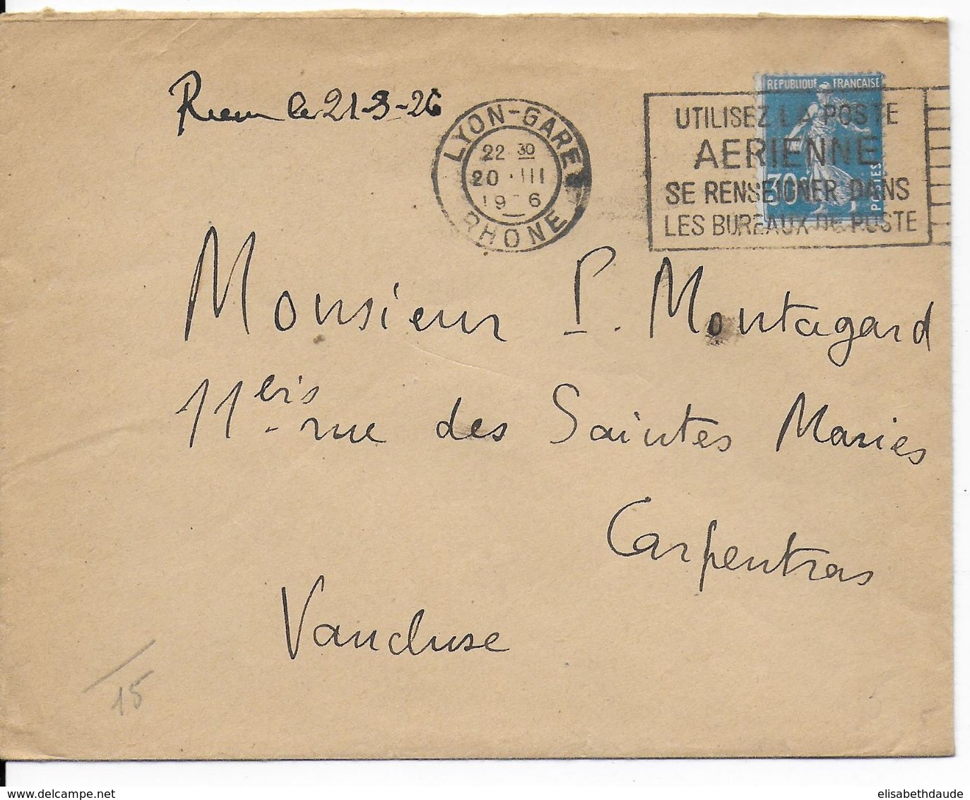 1926 - ENVELOPPE FM Avec MECA De PROPAGANDE POSTE AERIENNE De LYON GARE - 1960-.... Lettres & Documents