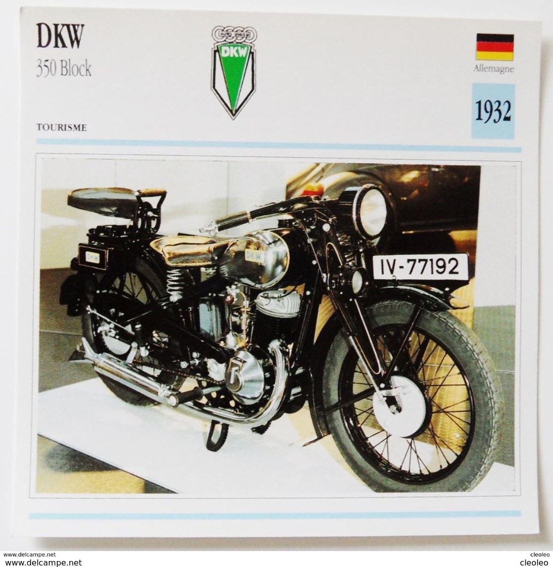 Fiche Technique MOTO Allemagne 1932 DKW 350 Cm3 Block - Motos