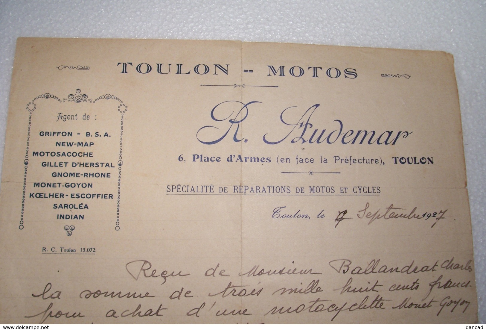 TOULON    -   MOTOS   -  R. AUDEMAR  -6 ,Place D'Armes  -  ( Spécialité De Réparation De Motos Et Cycles ) - 1927 - - Droguerie & Parfumerie