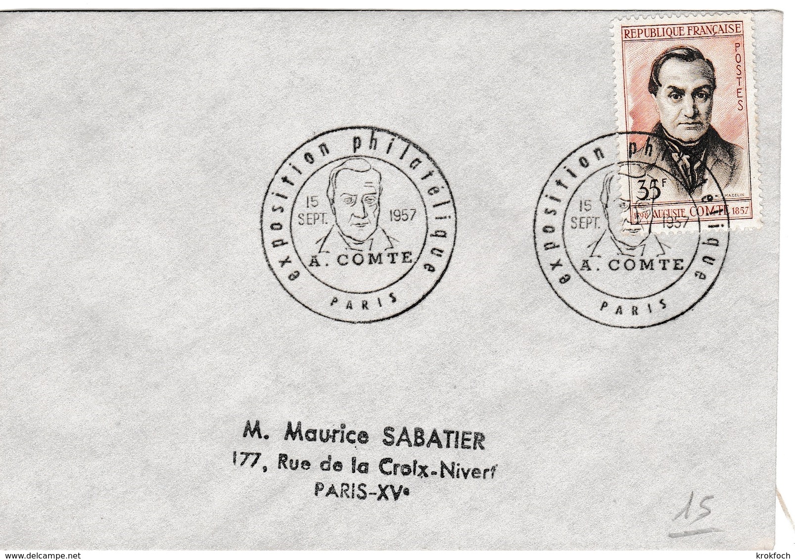 Auguste Comte - Paris 1957 - Cachet GF Expo - 1950-1959