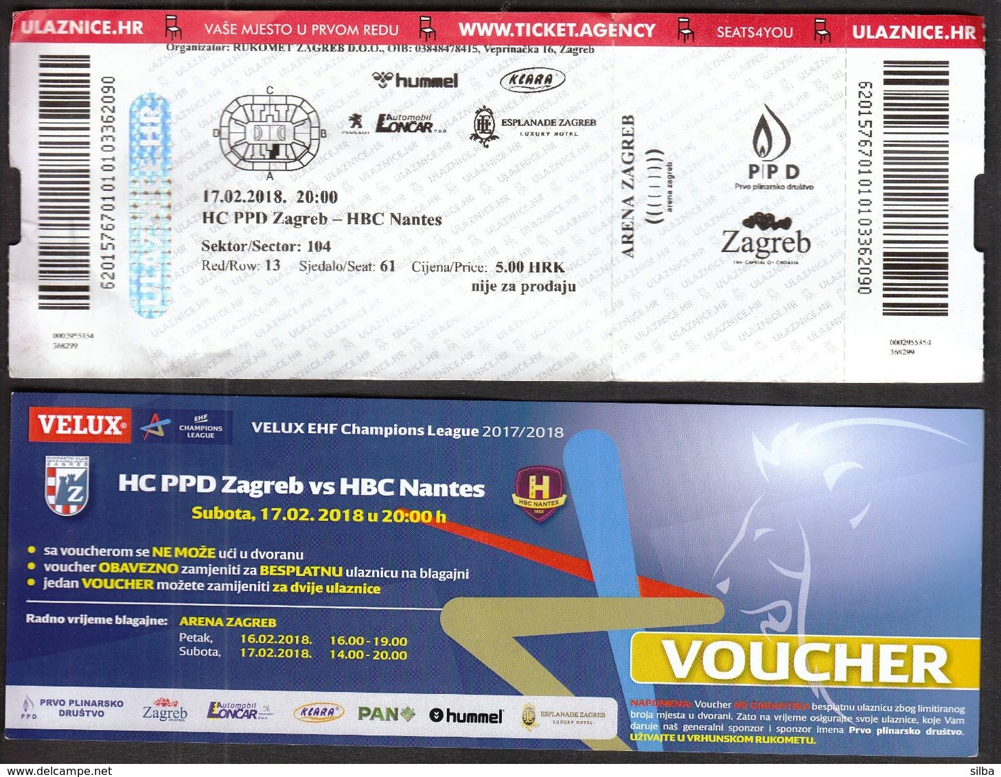 Croatia Zagreb 2018 / Arena / Handball / PPD Zagreb - HBC Nantes, France / Ticket + Ticket Voucher - Match Tickets