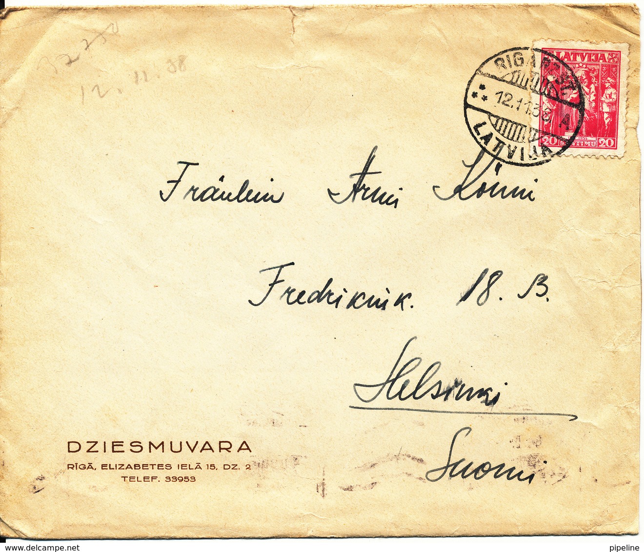 Latvia Cover Sent To Finland Riga 12-11-1938 Single Franked (there Is A Tear At The Top Of The Cover) - Latvia