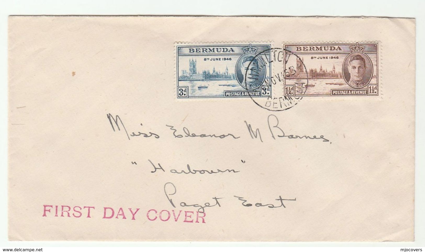 1946 BERMUDA FDC VICTORY Stamps Cover Pmk Hamilton To Paget - Bermudes