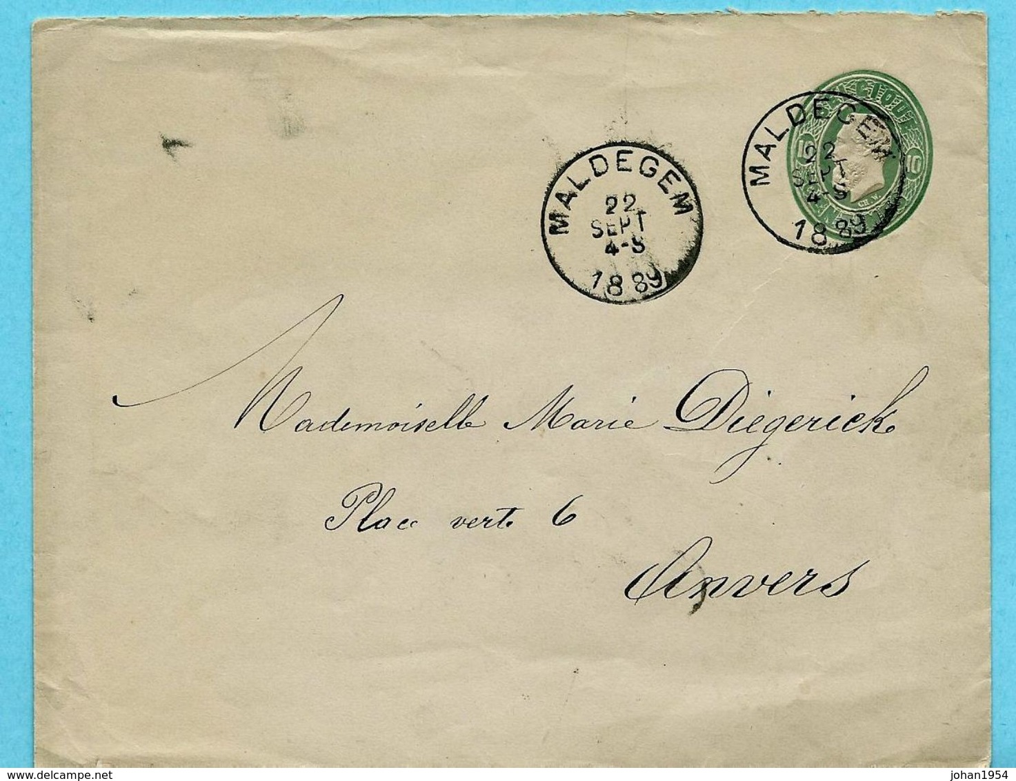 Postwaardestuk, Afst. MALDEGEM 22/09/1889 Naar ANVERS 22/09/1889 - Enveloppes