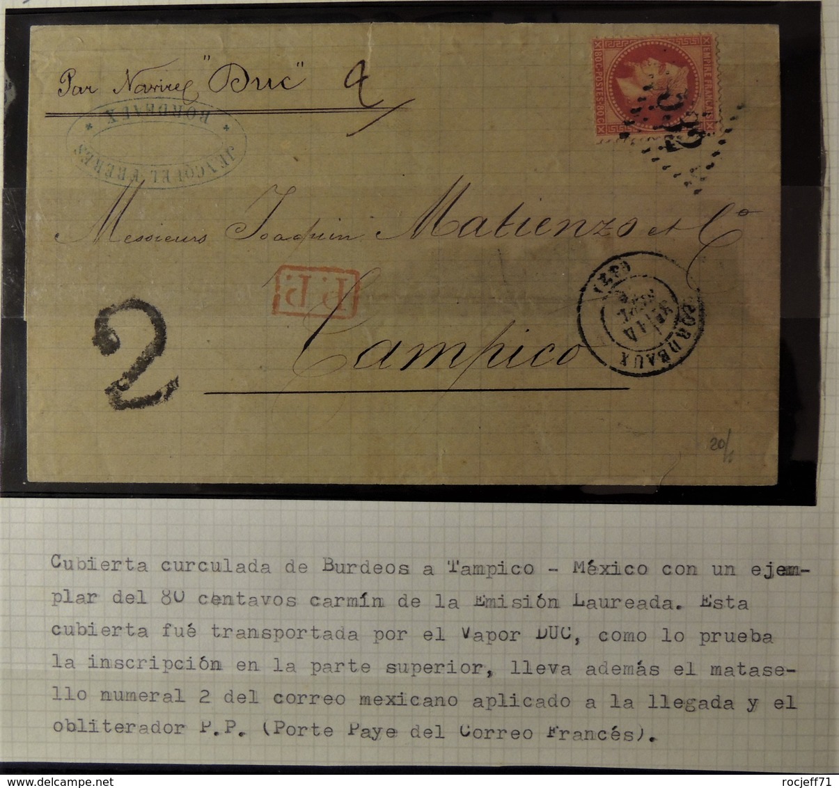 Lettre De Bordeaux à Destination De Tampico - Mexique Par Vapeur Duc - Superbe - 1863-1870 Napoléon III Lauré