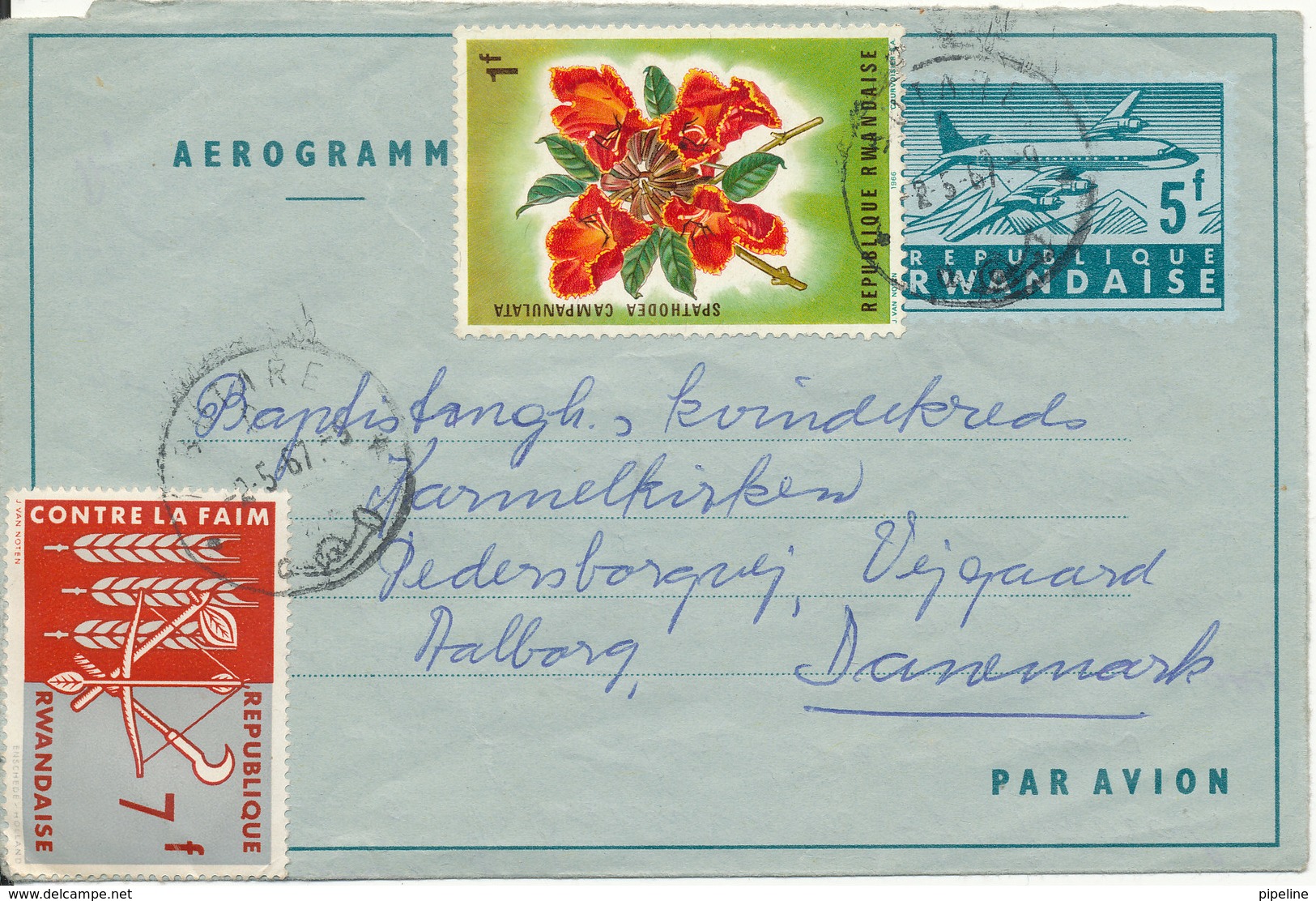 Rwanda Uprated Aerogramme Sent To Denmark 2-5-1967 - Other & Unclassified