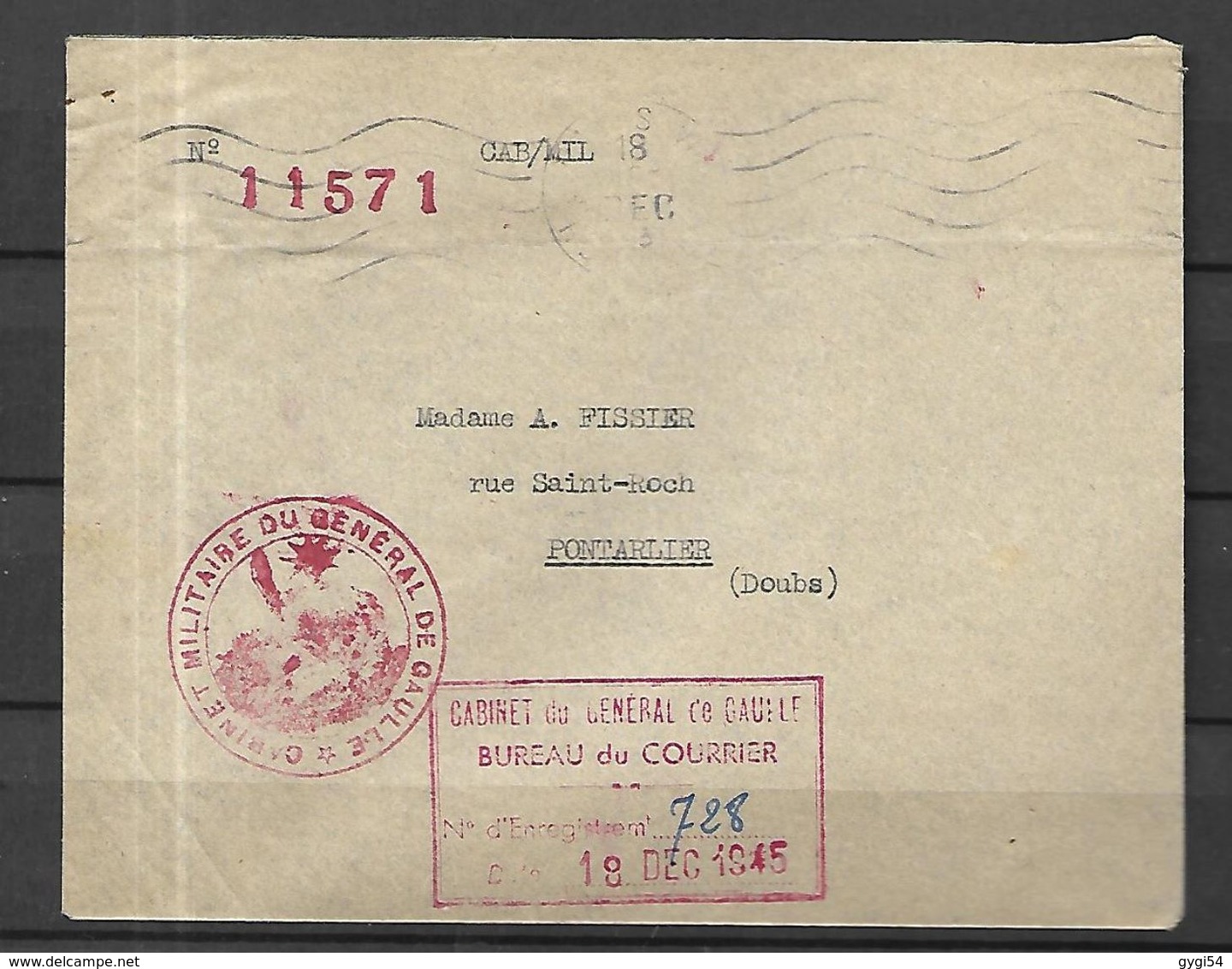 Enveloppe Du 18 Décembre 1945  Du  Cabinet  Militaire Du Général DE GAULLE - Cachets Militaires A Partir De 1900 (hors Guerres)