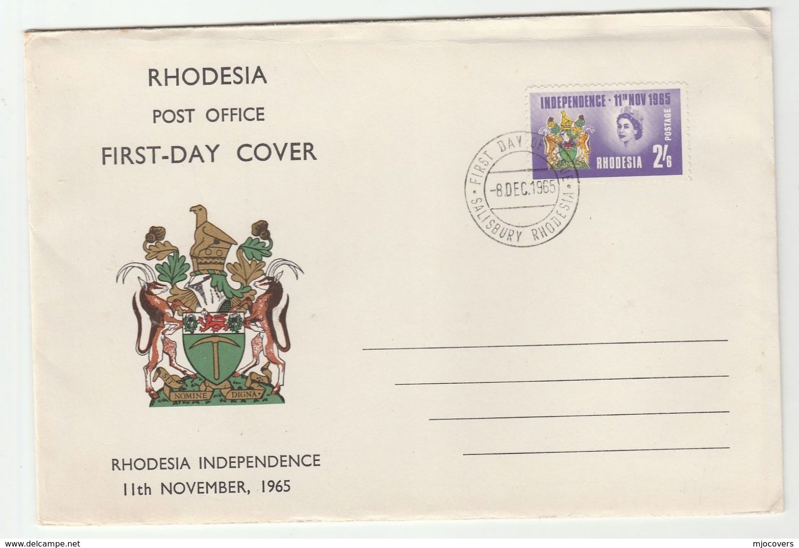 1965 RHODESIA FDC Stamps INDEPENDENCE Cover Heraldic - Rhodesia (1964-1980)