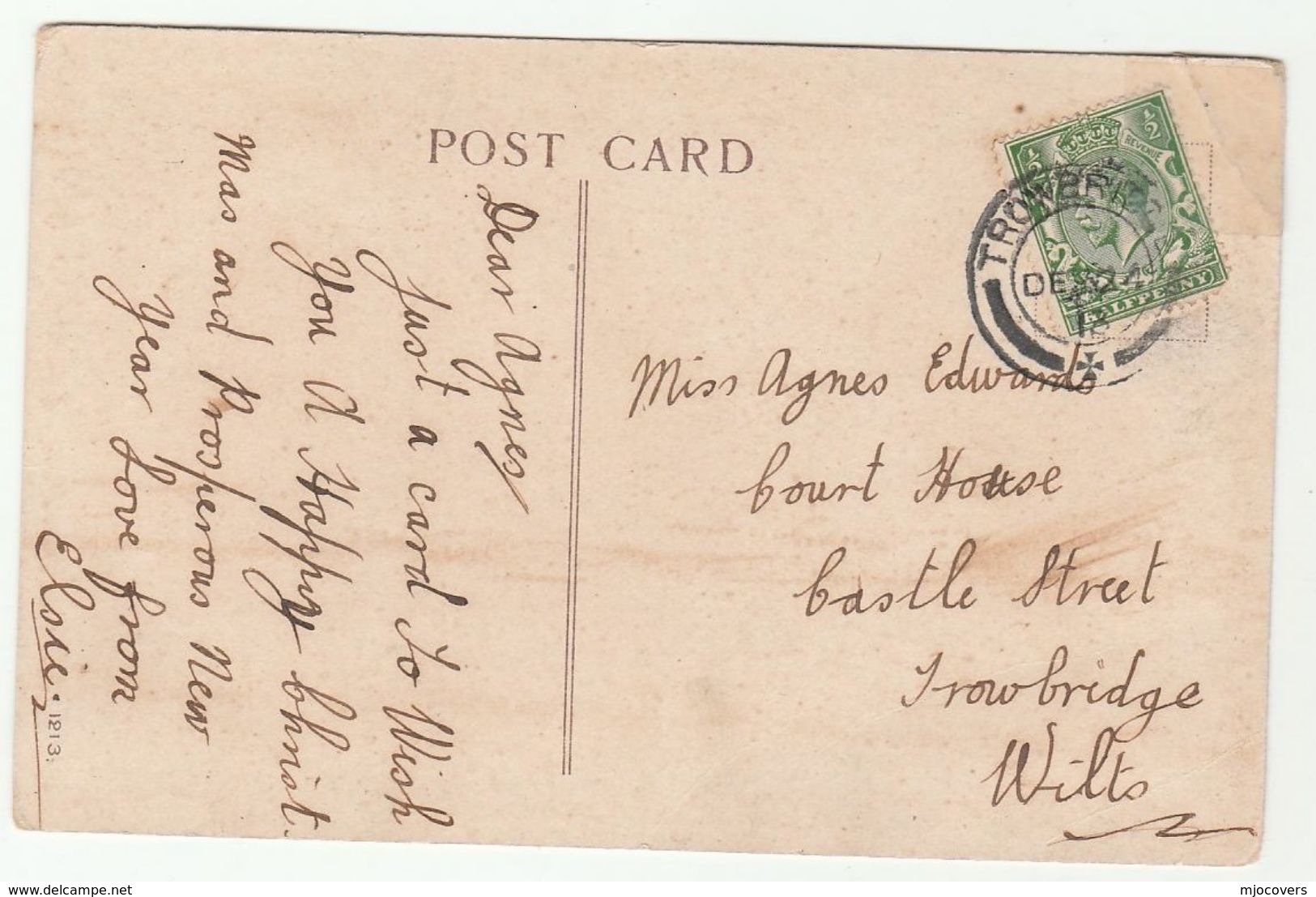 1916 GB COVER TROWBRIDGE Cds (postcard Christmas Greetings) Gvstamps - Covers & Documents