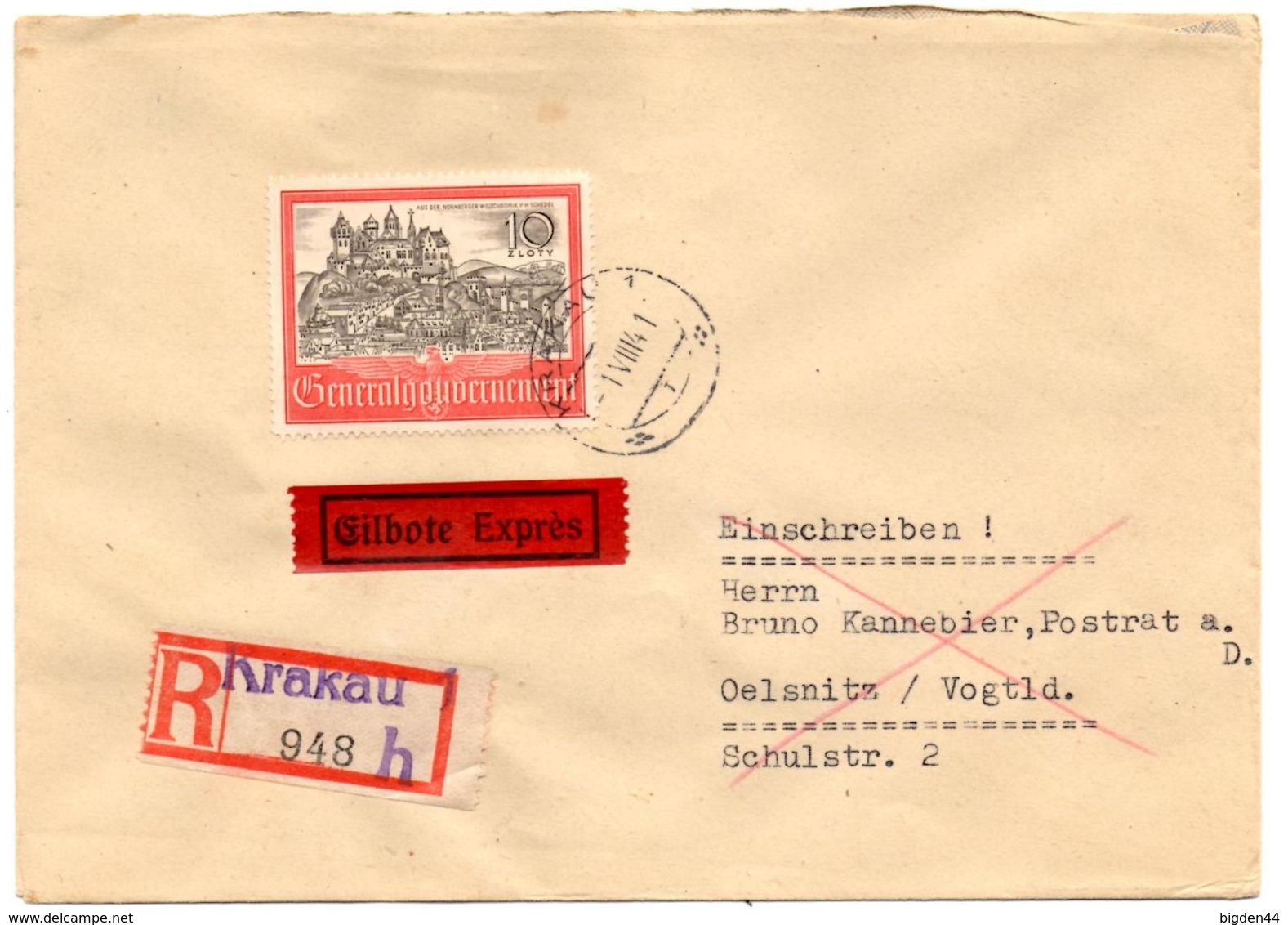 Lettre Recommandée De Krakau_Cracovie (01.08.1941) Pour Oelsnitz - Gouvernement Général