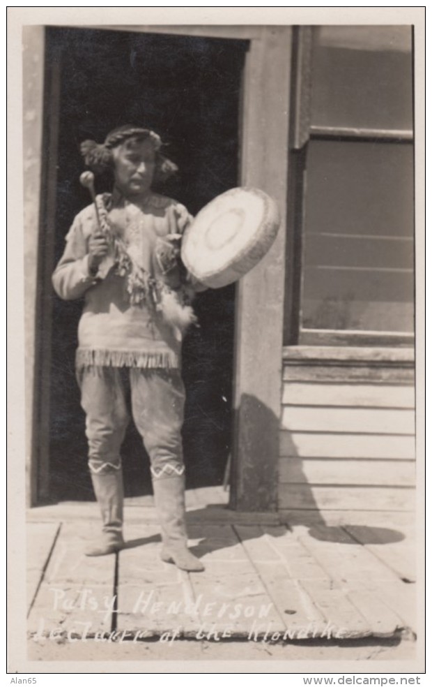 Patsy Henderson With Drum, Lecturer At The Klondike, Carcross(?) C1920s/40s Vintage Real Photo Postcard - Yukon