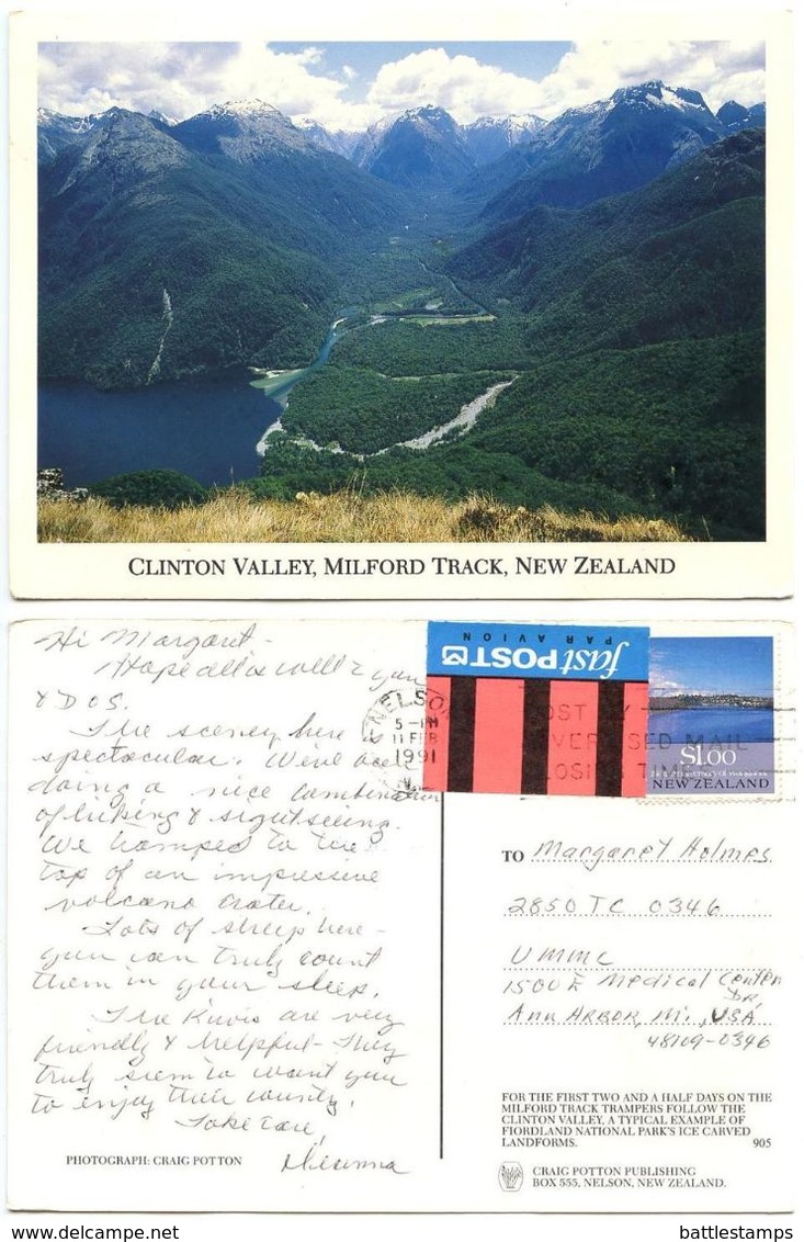 New Zealand 1991 Postcard Clinton Valley Milford Track, Nelson To U.S., Scott 994 - New Zealand