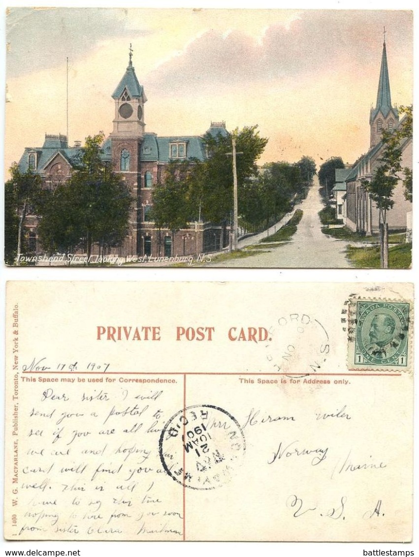 Canada 1907 Postcard Lunenburg NS - Townshend St., Hemford NS To Norway ME - Other & Unclassified