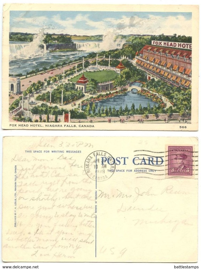 Canada 1949 Postcard Fox Head Hotel, Niagara Falls To U.S., Scott 266 KGV Coil - Niagara Falls