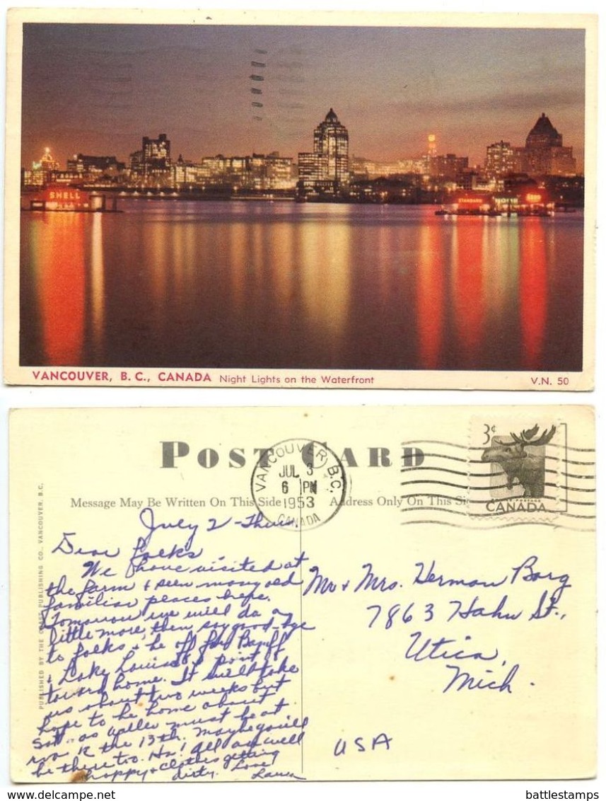 Canada 1953 Postcard Vancouver Waterfront At Night, To U.S., Scott 323 Moose - Vancouver