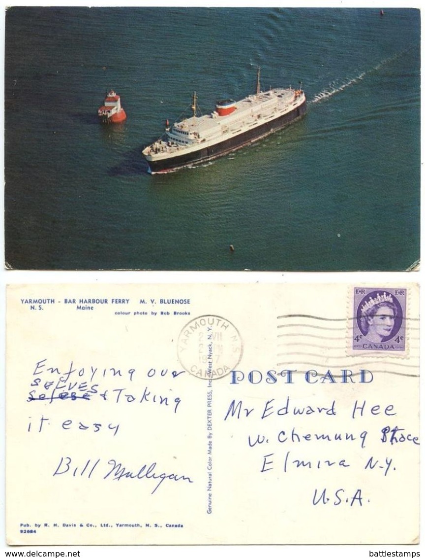 Canada 1957 Postcard Ship M.V. Bluenose, Yarmouth Nova Scotia To Elmira NY - Veerboten