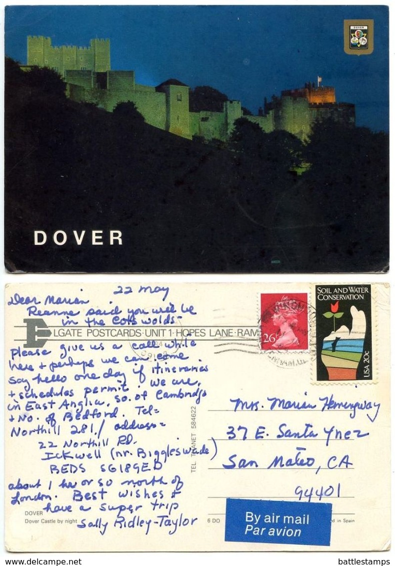 Great Britain 1984 Postcard Dover Castle, Winchcombe To U.S., British & U.S. Stamps - Dover