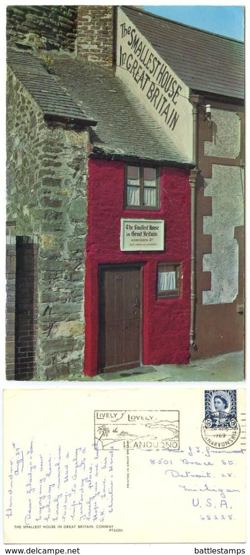 Great Britain 1969 Postcard  Conway - Smallest House, Llandudno Wales To U.S., Scott 11 - Caernarvonshire