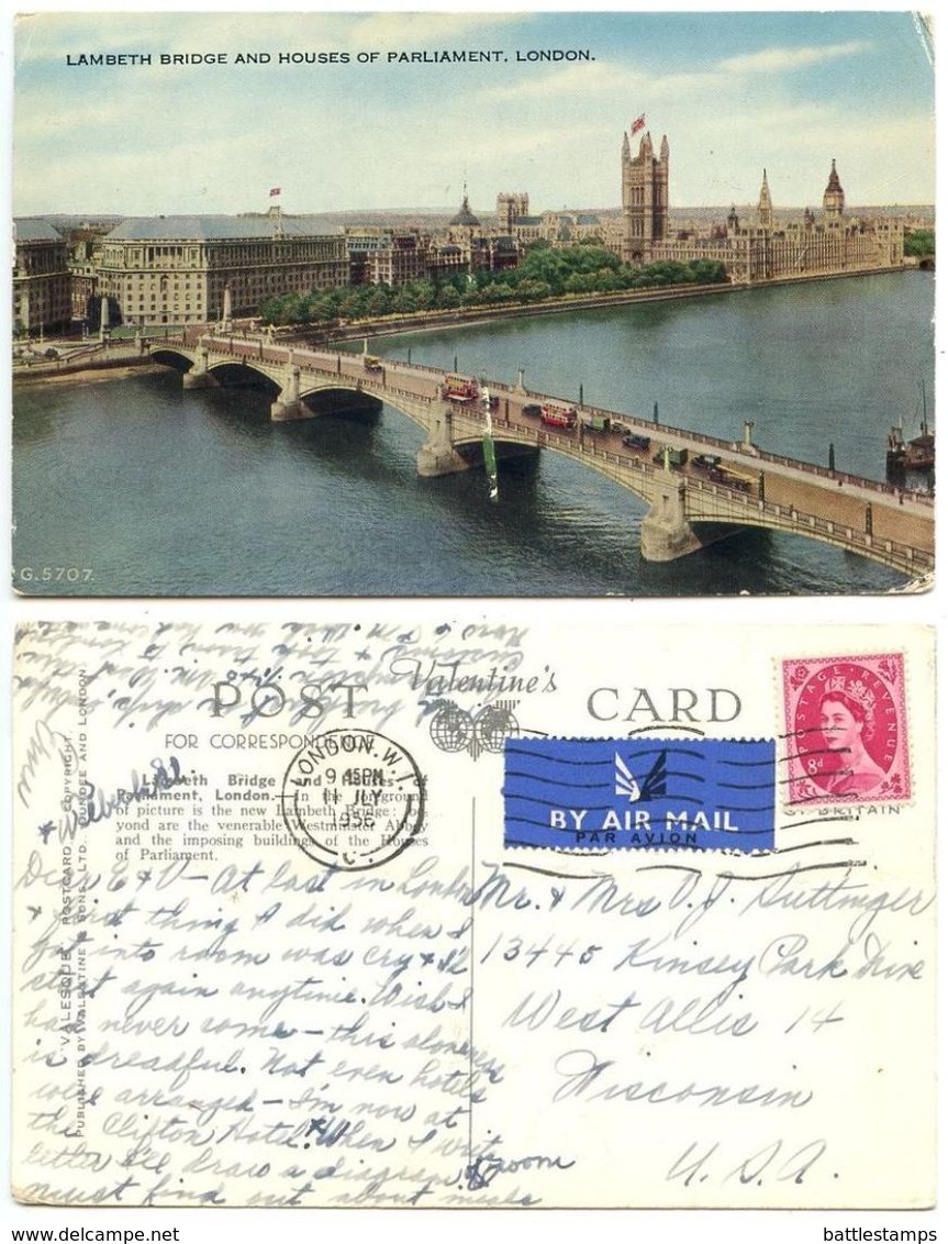 Great Britain 1956 Postcard London - Lambeth Bridge & Parliament, 8p QEII Stamp - Houses Of Parliament