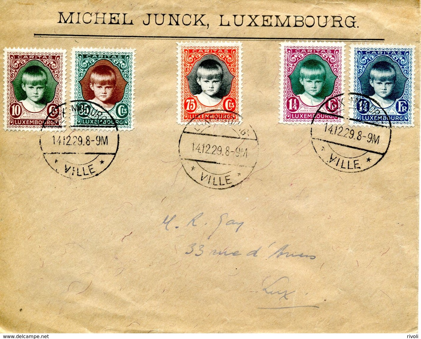 LUXEMBOURG 1929 SERIE CARITAS PRINCESSE MARIE-GABRIELLE 213-217 214-218 LUXEMBOURG-VILLE 23.12.1929 - Briefe U. Dokumente