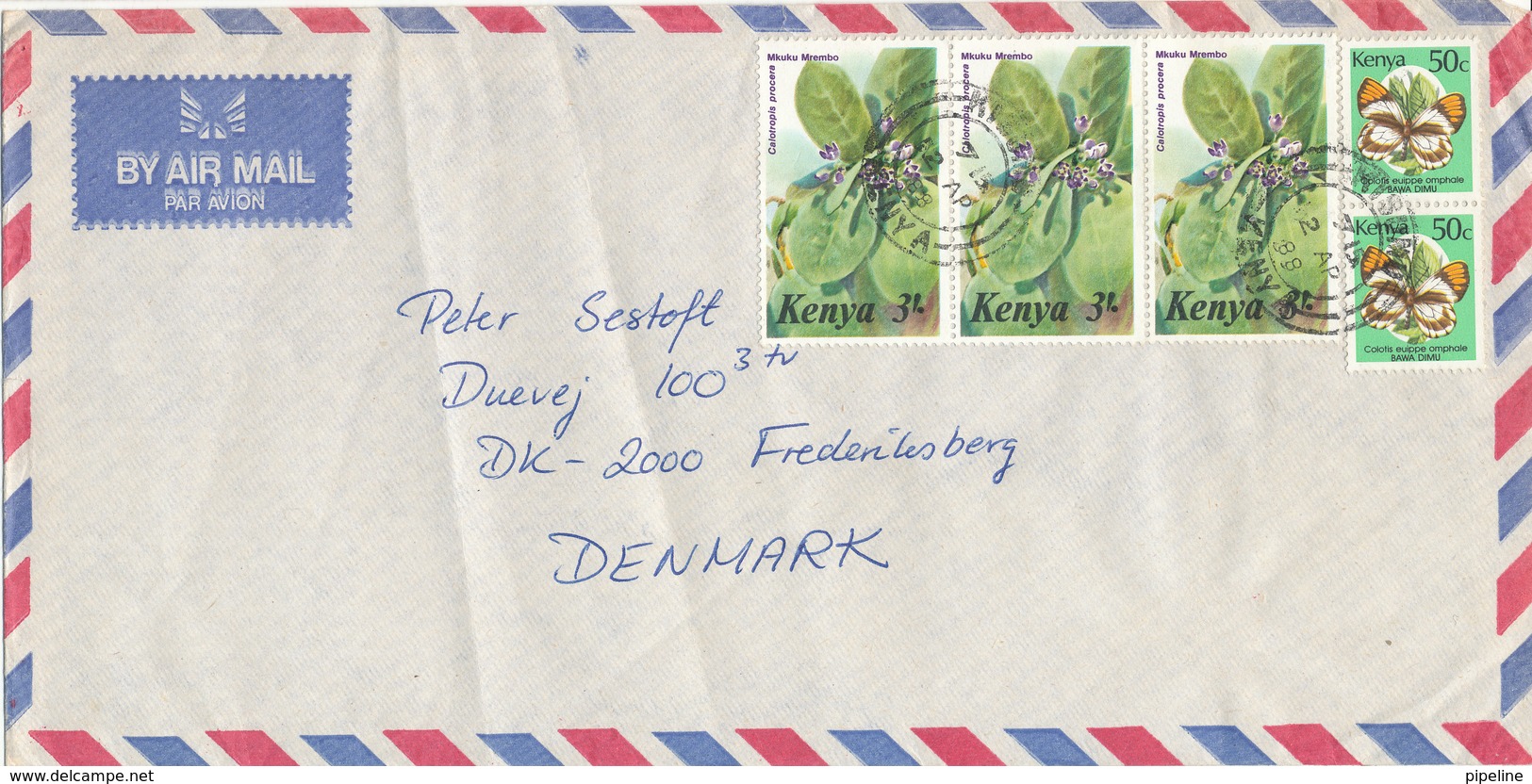 Kenya Air Mail Cover Sent To Denmark 12-4-1988 BUTTERFLY And FLOWERS On The Stamps - Kenya (1963-...)