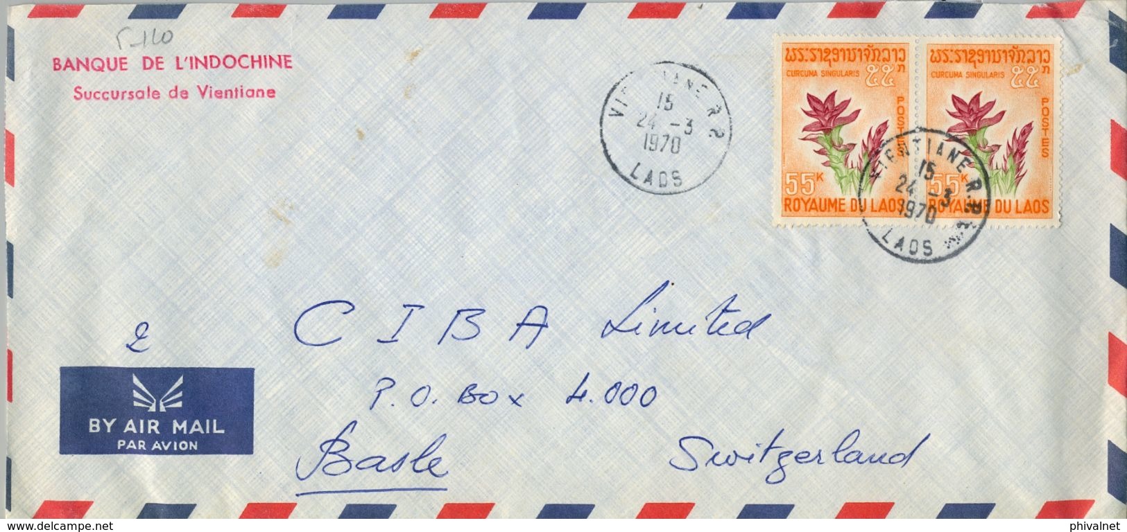 1970 , LAOS , SOBRE DEL BANCO DE INDOCHINA CIRCULADO ENTRE VIENTIANE Y BASILEA , ESPECIAS , CÚRCUMA - Laos