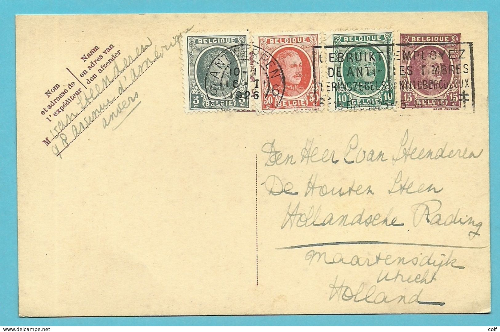 193+194+199 Op Entier Met Stempel ANTWERPEN Naar Holland - 1922-1927 Houyoux