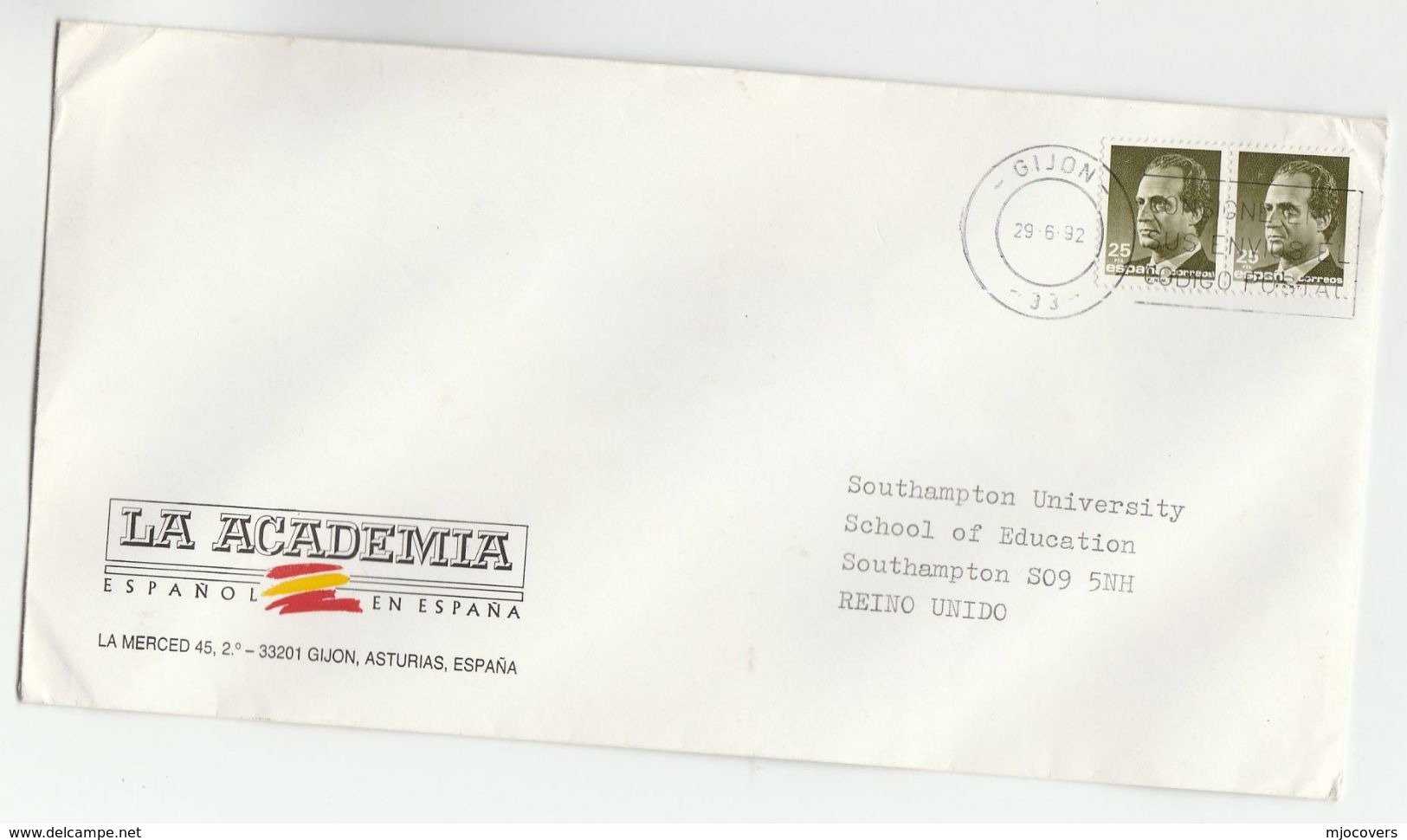 1992 Gijon SPAIN Stamps COVER La Academia Espanol To Southampton University GB - Storia Postale