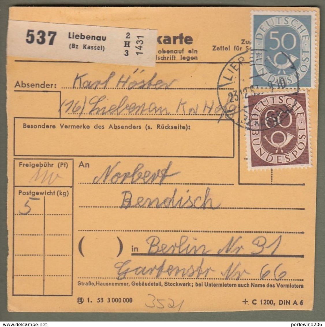 Bund: Paketkarte Mit Michel-Nr. 134 + 135: " Dauerserie  Posthorn ", Gest..  X - Gebraucht