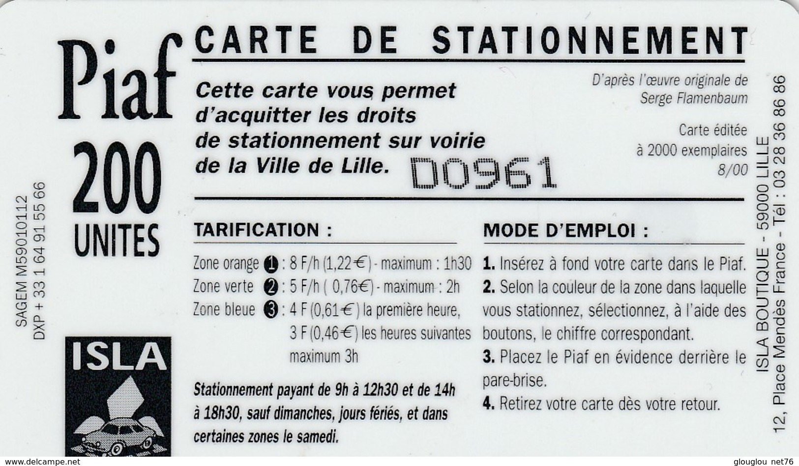 CARTE DE STATIONNEMENT PIAF.  200 UNITES   ISLA - Cartes De Stationnement, PIAF