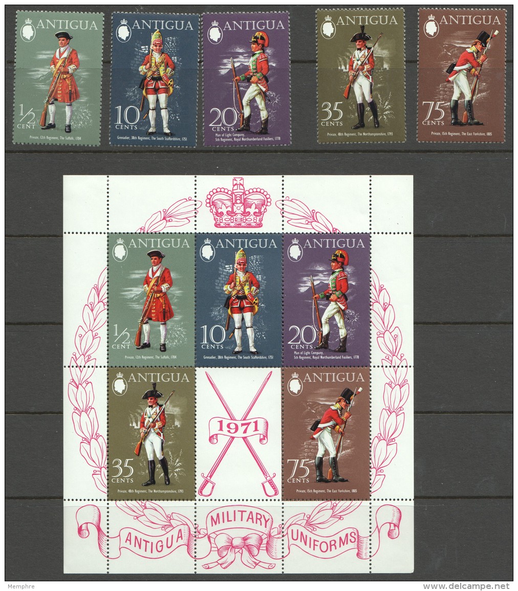 ANTIGUA   1971  British Army Uniforms  Set Of 5 + Souvenir Sheet  UM - MNH - 1960-1981 Autonomia Interna