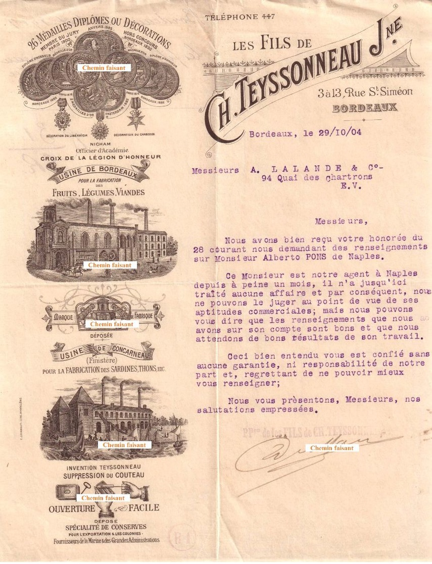 Beau Document Du 29/10/1904 TEYSSONNEAU Fruits Légumes Viandes  - Bordeaux 33 - 1900 – 1949