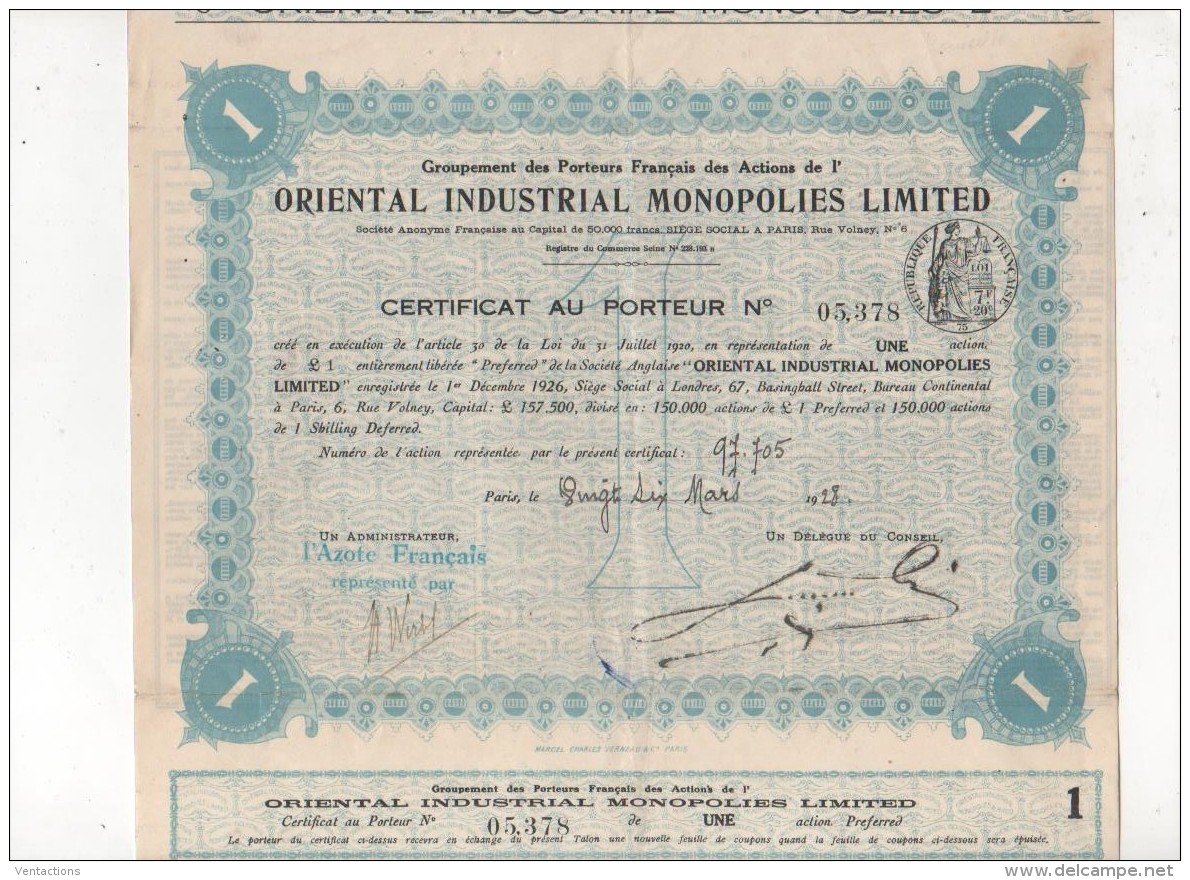 75-ORIENTAL INDUSTRIAL MONOPOLIES. Paris-Londres. Titre De  1 Action. Lot De 2 - Autres & Non Classés