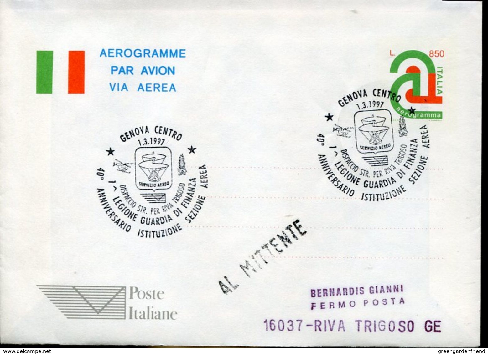 31043 Italia, Aerogramme With Special Postmark  Genova 1997helicopter Flight To Riva Trigoso,leonardo Da Vinci Helicopte - Helicopters