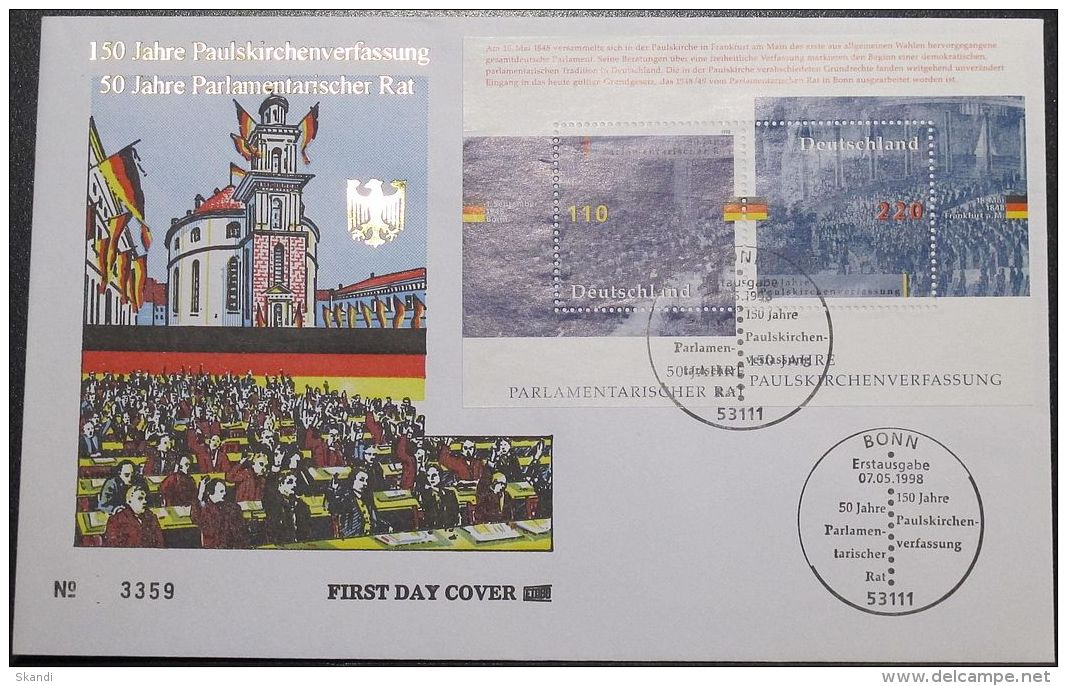 DEUTSCHLAND 1998 Mi-Nr. Block 43 FDC - 1991-2000